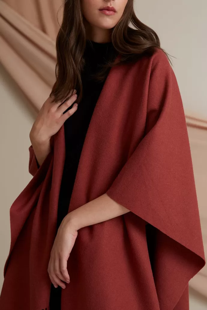 VOGLIA Ciara Fringed Wool Poncho Marsala Red