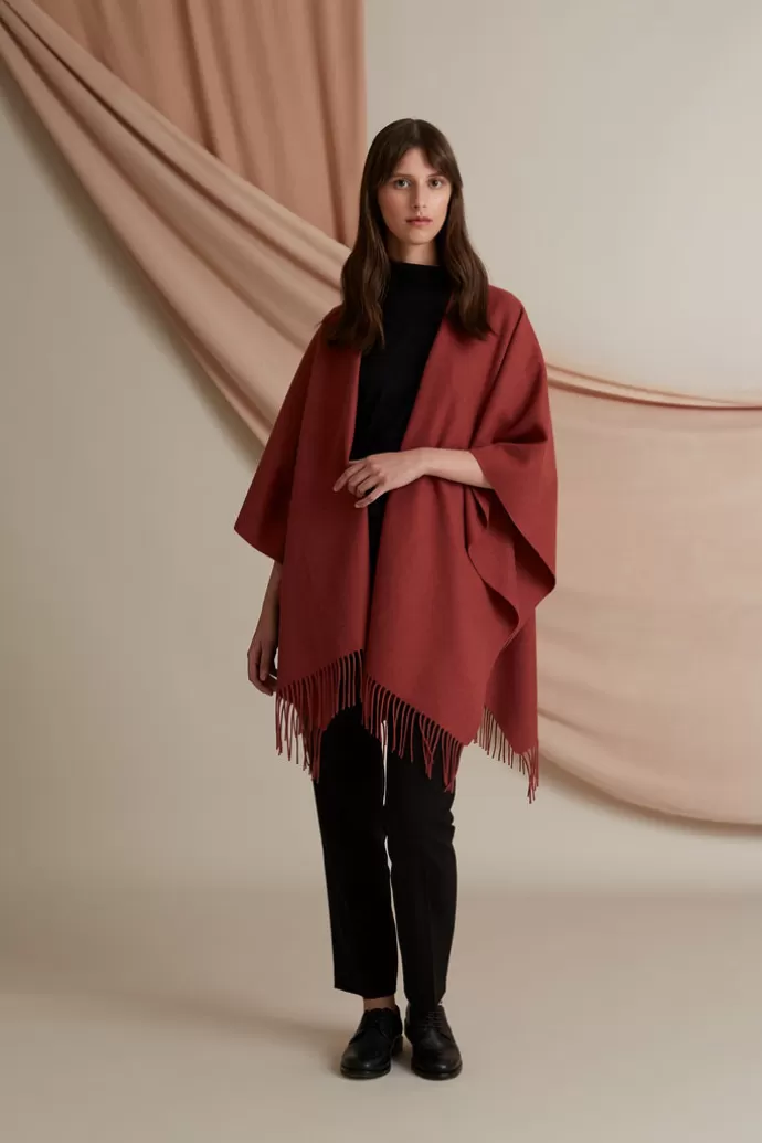 VOGLIA Ciara Fringed Wool Poncho Marsala Red