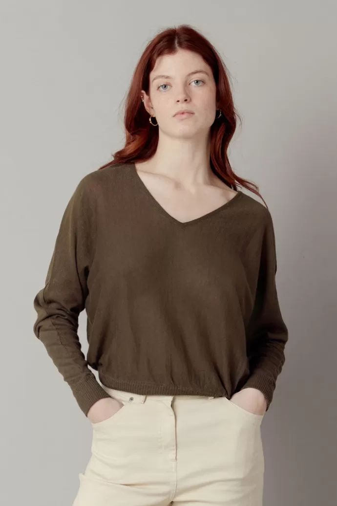 KOMODO Clover Organic Linen Batwing Jumper Dark Khaki