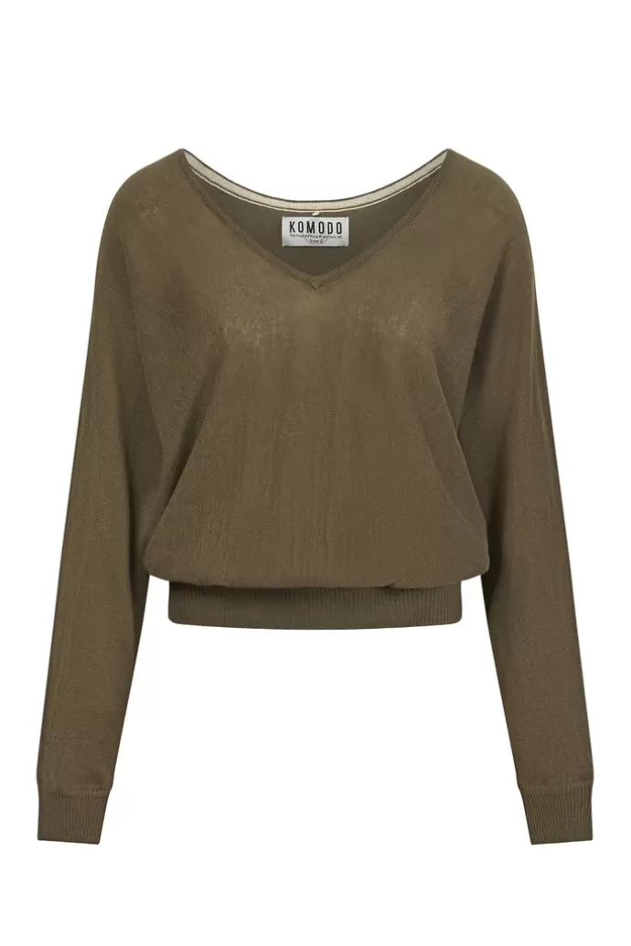 KOMODO Clover Organic Linen Batwing Jumper Dark Khaki