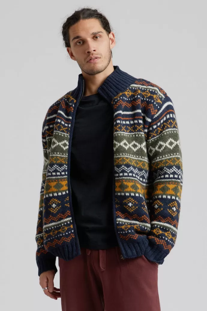 Discount KOMODO Fair Isle Fleece Lined Wool Jacket Navy