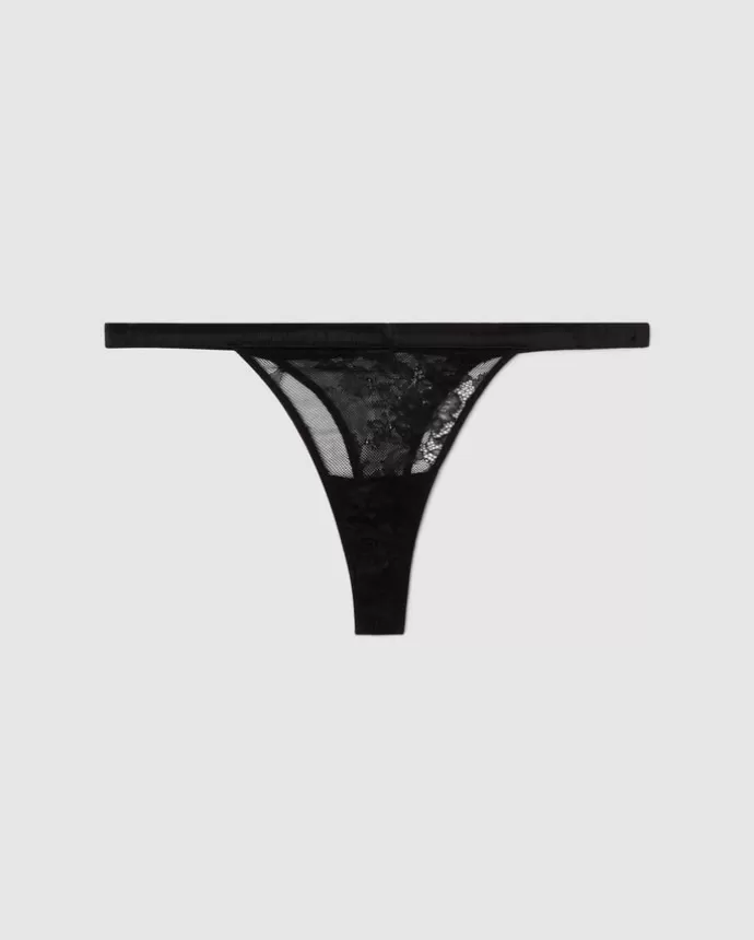 Clearance UNDERSTATEMENT Floral Lace Satin Thong Black