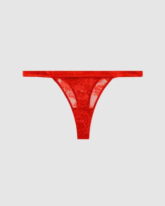 New UNDERSTATEMENT Floral Lace Satin Thong Fiery Red