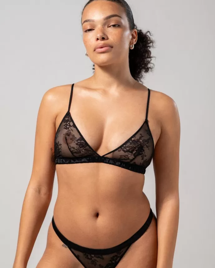 Outlet UNDERSTATEMENT Floral Lace Satin Triangle Bralette Black