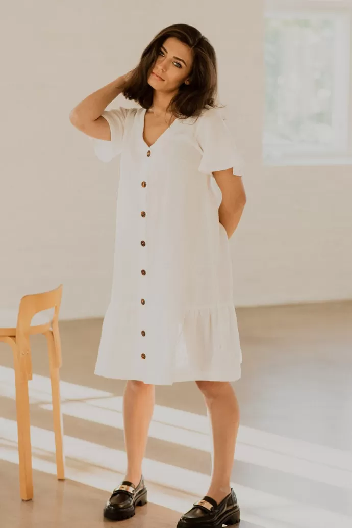 KAIKO Frill Button Dress White