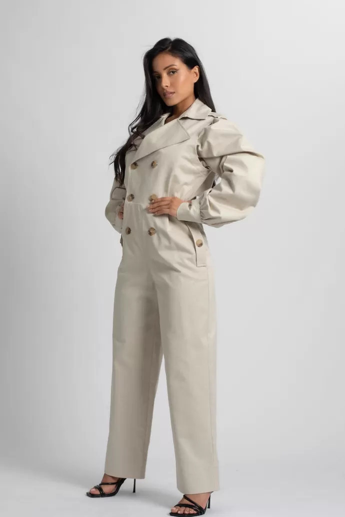 Shop MAGNO MONTERO Jumpsuit Trench Coat With Puffed Sleeves Beige