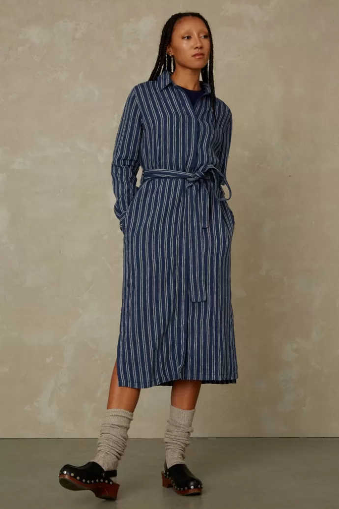 Kings Of Indigo Maggy Linen Dress Navy Double Stripe