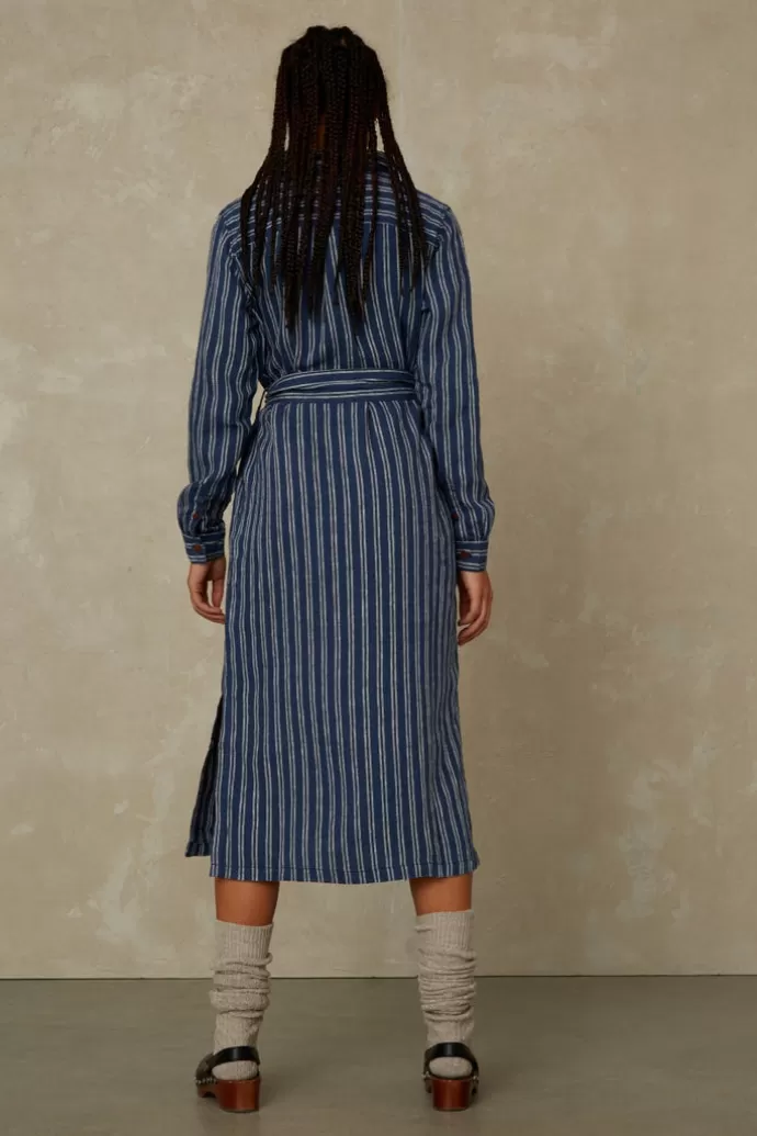 Kings Of Indigo Maggy Linen Dress Navy Double Stripe