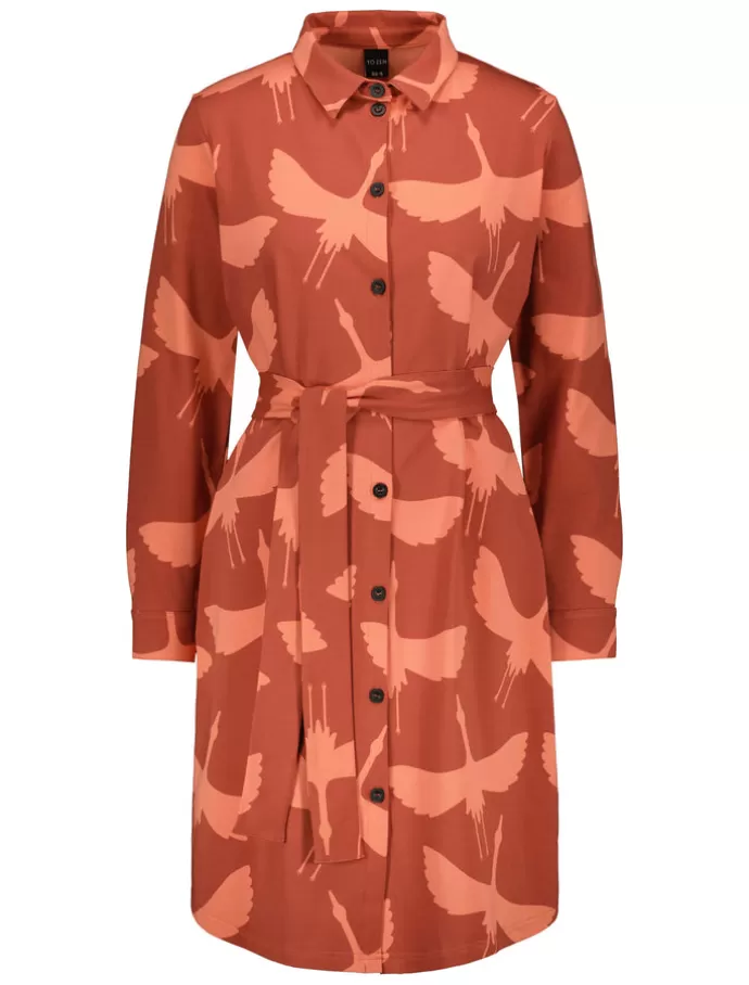 YO ZEN Shirt Dress Cranes Terracotta